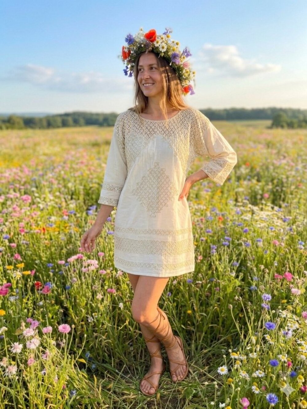Free People NWOT Desert Song Ivory Cotton Embroidered Open Back Mini Dress Sz L